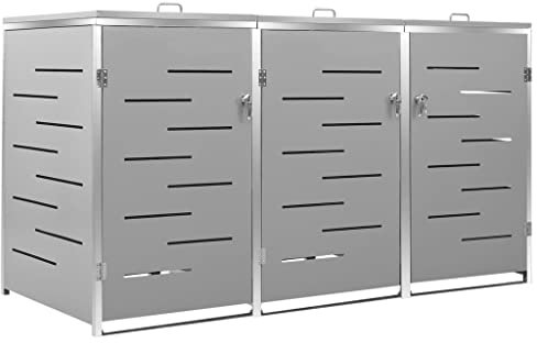 KOIECETA Mülltonnenbox für 3 Tonnen Abschließbar Rostfrei Müllbox Mülltonne Mülltonnenverkleidung Müllcontainer Gartenbox 207x77,5x115cm Edelstahl Grau