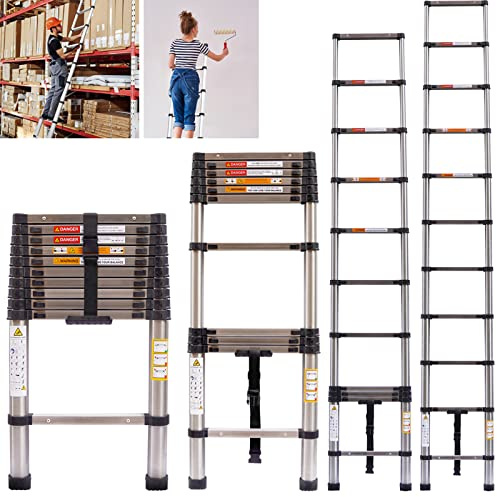Escalera telescópica de 3,2 m, 10,5 pies, escalera telescópica plegable de acero inoxidable, escalera plegable de extensión de retracción, escalera recta para el hogar, capacidad de 350 libras, EN131