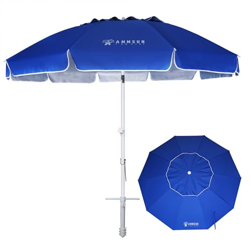 AMMSUN Grand parasol de plage de 2,4 m avec ancre de sable, parasol d'extérieur robuste, portable, protection UV 50+, grille d'aération inclinable, pour terrasse, jardin, piscine, bleu