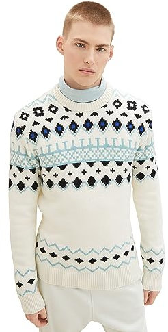 TOM TAILOR Denim Herren Norweger Strickpullover mit Jaquard-Muster, Wool White, M