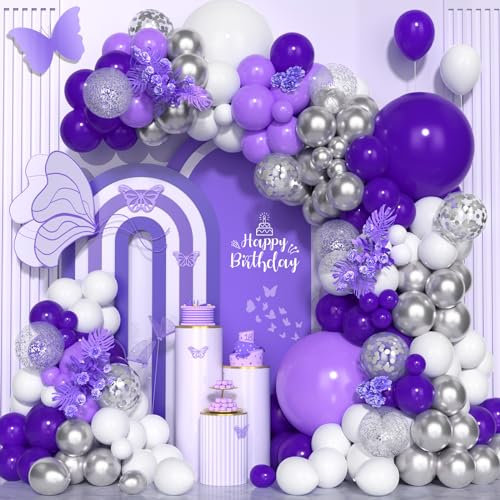 Palloncini Viola, 130 pezzi Bianco Viola Chiaro Scuro Opaco Arco Palloncini Kit con Coriandoli Argento Metallizzato per Ragazze Festa di Compleanno Matrimonio Baby Shower Battesimo Bambino Decorazioni
