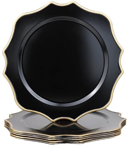 Omuriko Black Chargers for Dinner Plates, 13 Inch Scalloped Plastic Decorative Table Charge Service Plates Set of 6 for Wedding, Holiday, Thanksgivng, Christmas