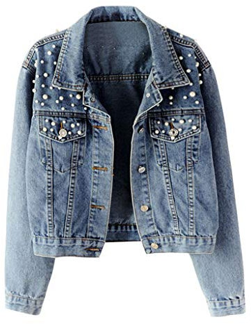 Damen Jeansjacke mit Perlen Kurz Vintage Blau Jeansjacke Übergangsjacke Leichte Jacke Denim Casual Langarm Strickjacke Jeansmantel Outwear Streetwear Sommerjacke Boyfriend Damen-Jacken Große Größen