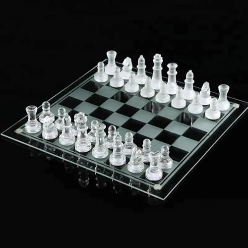 KAV Glass Chess Game Set - Frosted and Polished Glass Chess Board and Pieces with Padded Bottom - Stylish and Decorative 2-in-1 Crystal Chess Board Play Set - for Parties, Festivals (25 x 25 cm)