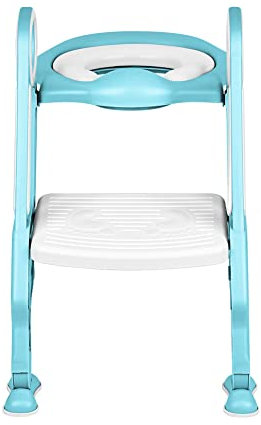 Toilettensitz für Kinder, faltbar und verstellbar, Toilettensitz Leiter Stufen mit breiten und rutschfesten Stufen, bequem gepolsterte Toilettenbrille (weiß + hellblau)