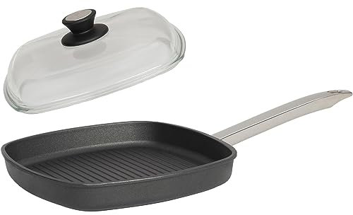 SKK große 2-tlg. Guss Grillpfanne 28x28 cm - Induktion - viereckige Antihaft Steakpfanne mit gerippten Boden & Vollglas Deckel - Made in Germany