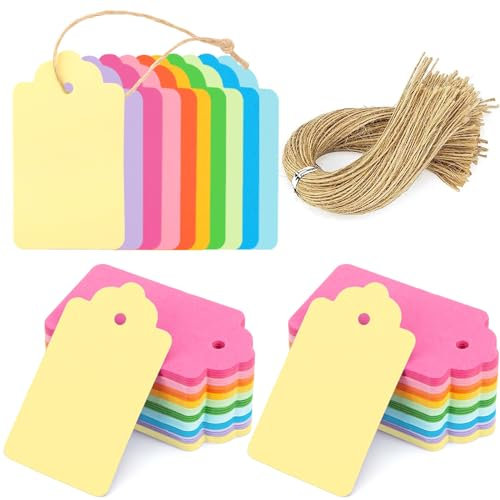 HAKACC 200PCS Colorful Gift Tags with String, Small Paper Tags in 10 Assorted Colours for Christmas Wrapping, Festive Crafts, Scrapbooking, Bookmarks, Party Decorations and DIY Projects