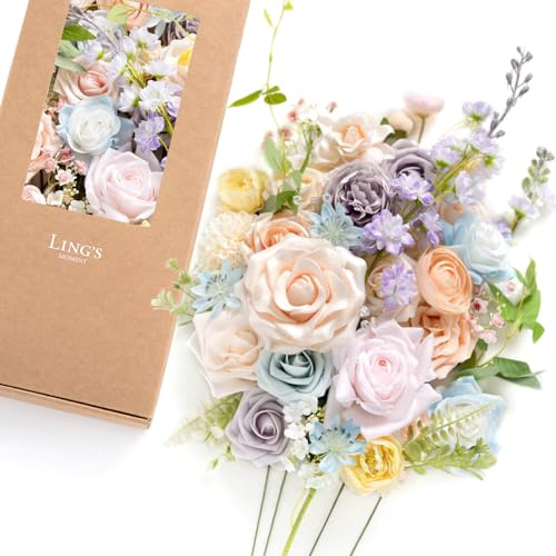 Ling's moment Artificial Pink Wedding Flowers Combo, Pastle, Deluxe