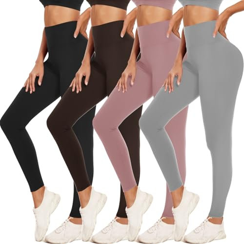 ACTINPUT 4 Pack Leggings for Women Black High Waist Tummy Control Leggings Ladies Buttery Soft Workout Gym Yoga Pants Slim Tights Regular&Plus Size(Black/Dark Coffee/Morandi Pink/Lightgrey,L-XL)