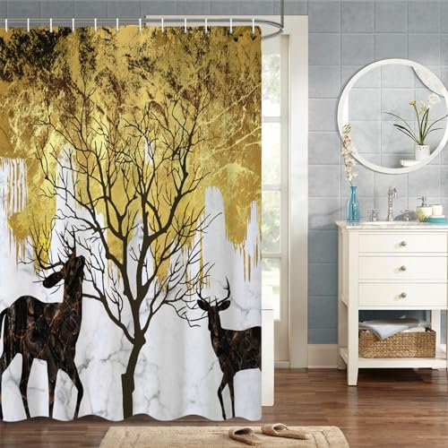 MIRRORANG 120x180cm Hirsch Elch Duschvorhang Bergleben Silhouette des Waldes Schwarz Und Gold Duschvorhang für Badezimmer Wasserdichtes Polyestergewebe Set mit Haken