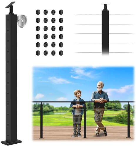 Gyykzz Poste de barandilla de cable de 42 pulgadas, poste de línea perforado de nivel superior ajustable con ojales de cable, poste de pasamanos de acero inoxidable con acabado en polvo negro, poste