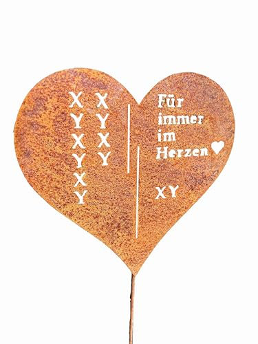 D&L Lasertec Personalisierbarer Edelrost Gartenstecker Herz, Grabschmuck, Erinnerungstafel, Gartendeko