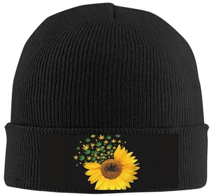 OPSREY Weed with Sunflower Printed Warm Strickmütze Neutral Strickmütze Winter Knit Wollmütze, Schwarz , One size
