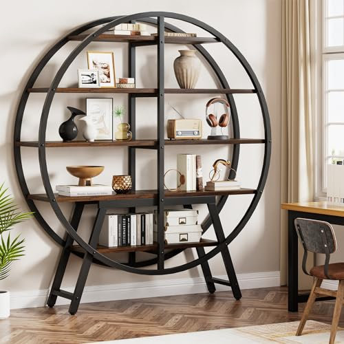 Tribesigns Industrielles Bücherregal Etagere Bücherregal:170 cm 5 Etagen Runde Bücherregale für Wohnzimmer, Geometrisches Display Offenes Bücherregal, Schwerlast Holz Metall Bücherregal Home Office,
