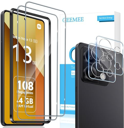 GEEMEE para Xiaomi Redmi Note 13 5G Protector de Pantalla + Protector de Lente de cámara,【2 Pack + 2 Pack 】 Templado 9H Alta Definicion Cristal Templado Glass Screen Protector para Note 13 5G