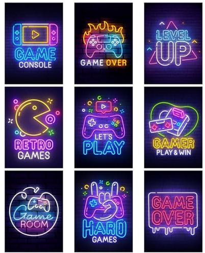 doodlecards Gallery Arts Set of 9 x A4 Size Teenage Boys Neon Gaming Wall Art Posters Unframed Quality Prints