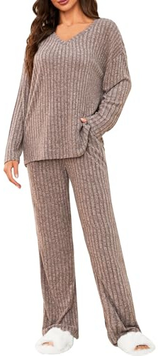 Tuopuda Zweiteiler Damen Lounge Set Rundhals Einfarbig Loungewear Gerippt Shirt Top Langärm mit Hose 2-Teiliges Hausanzug Jogginganzug Sporthose Sleepwear Freizeit Outfit, Khaki, S