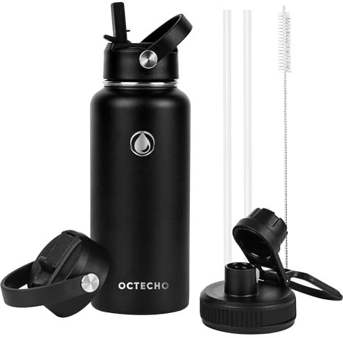 OcTecho Water Bottle 1200ml,Stainless Steel Water Bottle,Insulated Water Bottles with Straw, Double Vacuum Metal Water Bottles for 12h Hot & 24h Cold Drinks, 2 Leakproof Lids, BPA Free