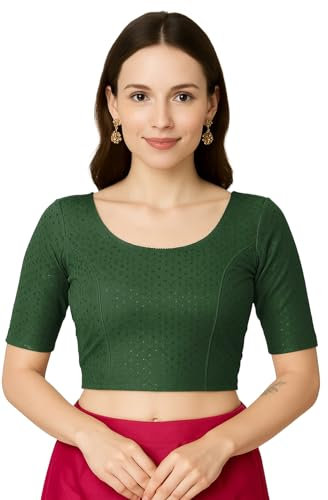 Jaanvi fashion Chemisier en coton Dobby Lycra à manches coudes et col rond pour femme, vert bouteille, M