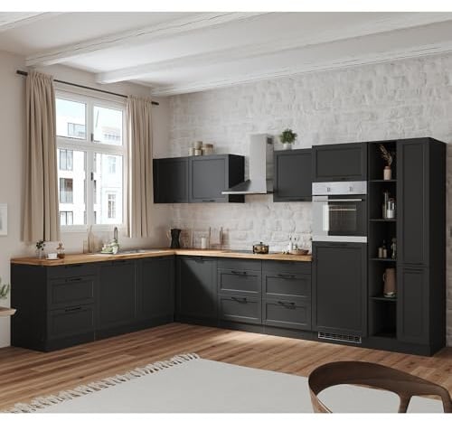 Lomadox Winkelküche Küche Einbauküche Küchenzeile L-Form 360/240 cm mit E-Geräten in grau, Arbeitsplatte in Eiche, inkl. Dunstabzugshaube, Induktionskochfeld, Backofen, Geschirrspüler