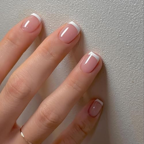 24Pcs Faux Ongles Court Carré Artificiels Ongles à Presser Bordure Blanche Français Ongles à Coller Acrylique Capsules Ongles Couverture Complète Glossy Press on Nails pour Femmes et Filles