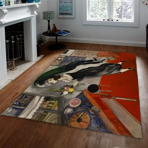 CIHCOHOME Maschinenwaschbare rutschfeste Teppiche Marc Chagall Kunstwerk Thema Home Eingangsbereich Wohnzimmer Sofa Kiss Mädchen Teppich für Innenbereich Bodendekor 120x150cm