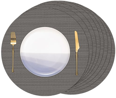 Banchif Platzsets abwaschbar Tischsets abwaschbar Rund 38 cm Platzdeckchen | Platzsets abwaschbar 8er Set Platzdeckchen PVC Rund rutschfest Tischsets abwischbar gewebte Vinyl (Grau)