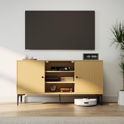 SUNXURY TV-Schrank, TV Lowboard 135 cm lang, Fernsehtisch mit 2 Tür und 3 offenen Fächern, 135x35x70 cm, Wohnzimmer, Klassisch Design in Eicheoptik