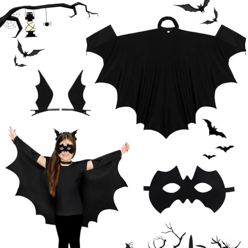 WACH AUF 3 Teiliges Set Halloween Bat Costume Fledermaus Kostüm Kinder Maske Fledermausflügel Haarspangen Vampir Schwarzer Umhang Cape für Mädchen Junge Halloween Cosplay Party Karneval