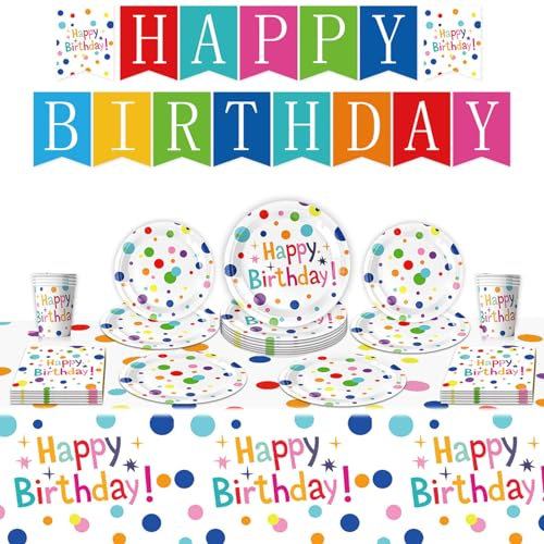 68PCS Happy Birthday Party Tableware Plates and Napkins Rainbow Polka Dot Birthday Banner Tableware Set Birthday Party Decorations Theme Dinner Plates Disposable Paper Plates Napkins Cups Tablecloth