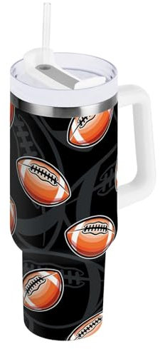 RPLIFE Vaso de café de fútbol americano, botella de agua de acero inoxidable, botella de agua con pajita