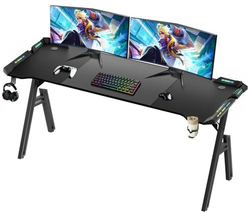 Bureau Gamer LED,Forme de A Moderne Table Gaming,Bureau Gaming avec Porte-gobelet et Crochet pour Casque,Plateau en Fibre de Carbone,Bureau d'ordinateur Informatique Ergonomique,Gamer Desk,160 x 60cm