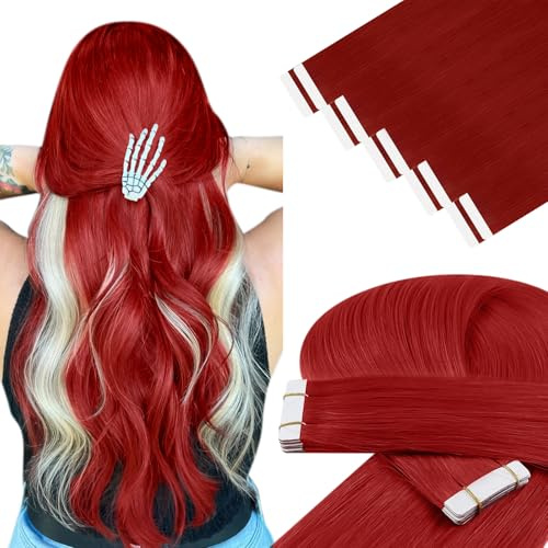 YoungSee 25g Tape in Extensions Rot Tape Extensions Echthaar Farbig Echthaar Extension Tapes Farbig Extension Echt Haar Tapes Remy Haarextension Tape-in Seamless für Damen 45 CM Rot
