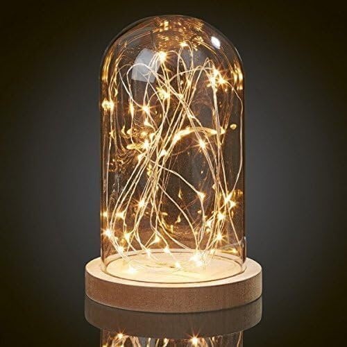 Helum Glasglocke mit Lichterkette warmweiß mit 30 LEDs, Glasglocke mit Holzboden 13x23cm batteriebetrieben (3xAA, nicht ink.) mit Timer, Glaskuppel mit Holzboden indoor, Glas mit Lichterkette 152975