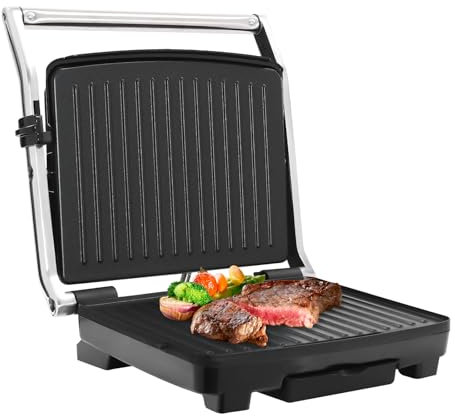 Kontaktgrill Elektrogrill, Elektrischer Tischgrill mit Antihaftbeschichtung, 2000 W Kompaktgrill für Arbeitsplatte, Einstellbare Temperatur 100-250 ℃, 33 * 33 * 9.5 cm, schwarz