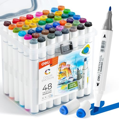 deli 48 Farben Alkoholmarker Set, Twin Marker mit Feiner & Breiter Spitze, Alkoholbasierte Marker im Transparenten Tragekoffer, Marker Set für Erwachsene, Kinder & Anfänger