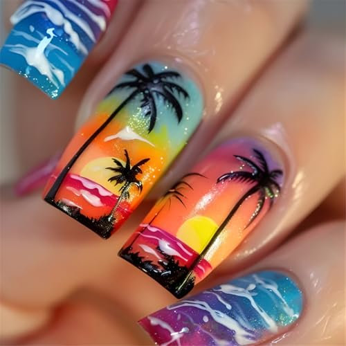 24pcs Square False Nails Acrylic Press On Nails With Sunset Beach Palm Tree Designs Manicure Nails Accesories