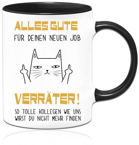 Sugeru Tasse - abschiedsgeschenk kollegen mit Spruch Alles Gute für Deinen neuen Job - Geschenk zum Abschied | kleine geschenke abschied kollegen | Glossy Emaille Tasse (Katze)