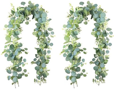 2 Piezas Guirnaldas Artificiales de Eucalipto con Hojas, Plantas Artificiales Decorativas 180cm Guirnalda Verde Colgante Eucalipto Preservado para Decoración Boda Jardín Balcón Exterior Interior