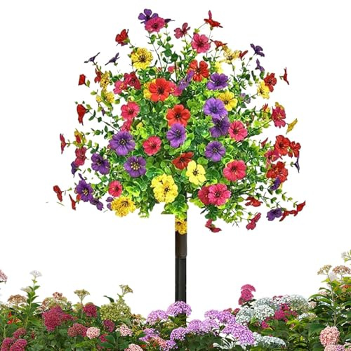 Zwpontia Arbusti artificiali da esterno, piante artificiali per esterni, portico anteriore, resistente ai raggi UV, piante viola colorate realistiche con paletti per portico, giardino, cortile