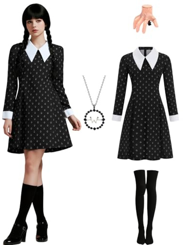 Velmawig Mittwoch Kostüm Damen, Erwachsene Halloween Karneval Kostüm Gothic Familie Cosplay Schwarz Kleid mit Spielkarten-Motiv & Kniestrümpfe, Kette, Haarspange VL047L