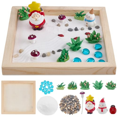 WEBEEDY Mini Christmas Zen Garden Kit Sandbox Therapy Set for Desk, DIY Meditation Sand Art Decor Zen Garden with Wooden Tray, Sand, Christmas Ornaments for Office Home Desktop Holiday Decoration Gift