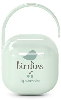 Suavinex, Boîte à Tétine pour Bébé, Capacité pour 2 Sucettes, Pochette - Étui Résistant, Facile à Nettoyer, Anse Flexible pour Accrocher au Sac, Poussette ou Berceau, +0 Mois, Birdies Vert
