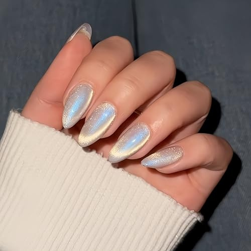 KQueenest Cat Eye Press On Nails - Chrome Weiß Nägel zum Aufkleben Mandel Mittel, Sparkle Glitzer Regenbogen Fake Nails Set, Bling Acryl Künstliche Fingernägel zum aufkleben für Frauen, 30 Stück