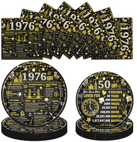 Luvart 50th Birthday Party Paper Plates and Napkins Set, 72PCS Black and Gold 1976 Birthday Decorations for Men Women, 50th Anniversary Party Dessert Tableware Supplies 24 Guests