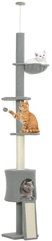 PawHut Árbol para Gatos de Suelo a Techo Regulable 220-240 cm Gris Claro | Torre para Gatos, Hamaca, Plataformas en Forma de Flor, Cuevas, Rampa, Bola