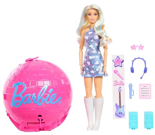 Barbie Team Roll & Reveal Popstar-Puppe mit Zubehör | Blonde Fashion-Puppe & 8 Überraschungen mit Disco-Kugel-Hülle, JMK19