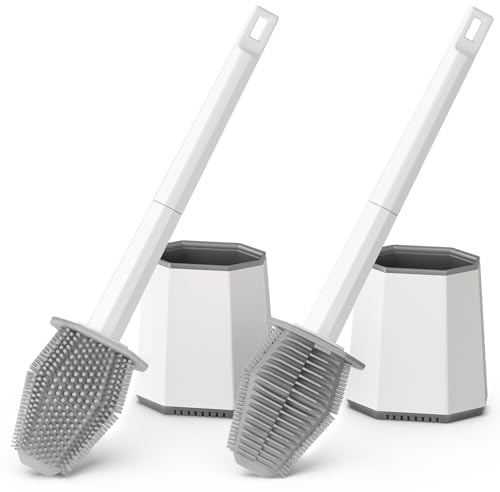 Euqvunn Scopino Bagno WC silicone, Confezione da 2 Spazzolone Bagno WC Montata a Parete, Scopettino Bagno con Testa a Doppio Lato e Manico Lungo in Plastica, Accessori Bagno Antigoccia (Bianco)