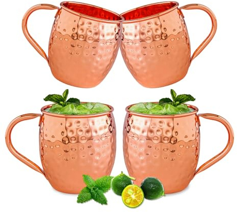 UNISWEET Moscow Mule Copper Mugs-100% Pure Copper Handmade, Classic Welding Handles, 16oz for Drinking, Premium Moscow Mule Copper Cups Set of 4 for Cold Drinks Cocktail Beer Wine Party Bar