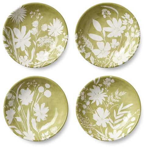 Wildflowers Ceramic SOUP/CEREAL BOWLS, SET OF 4, 9 x 2 inch assorted floral watercolor bowls, perfect for soups, ramen, salad portions, pasta, cozy meals and soft botanical garden‑inspired table